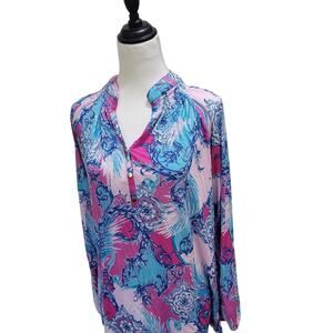 Belle by Kim Gravel Boho Tunic Top Pink Blue Paisley Print Oversized M, Resort